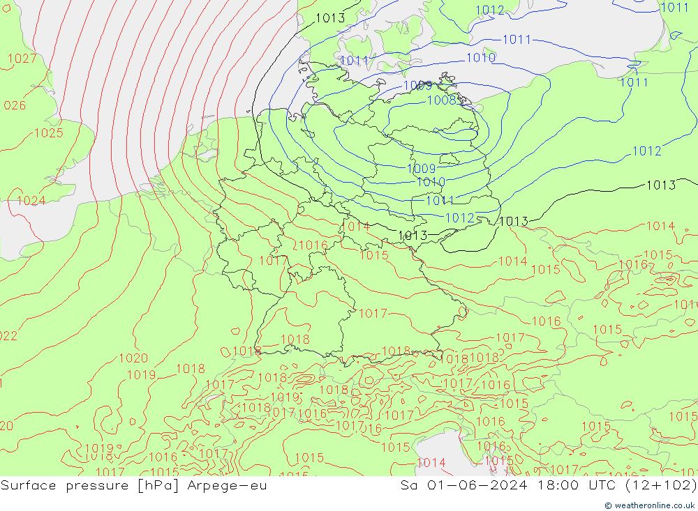 Surface pressure Arpege-eu Sa 01.06.2024 18 UTC