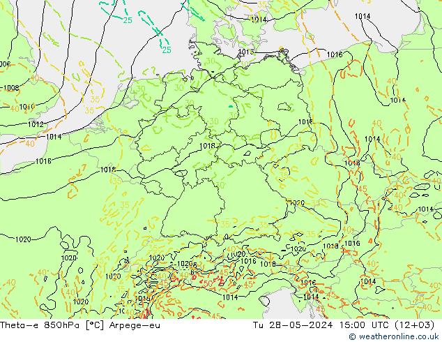 Theta-e 850hPa Arpege-eu mar 28.05.2024 15 UTC