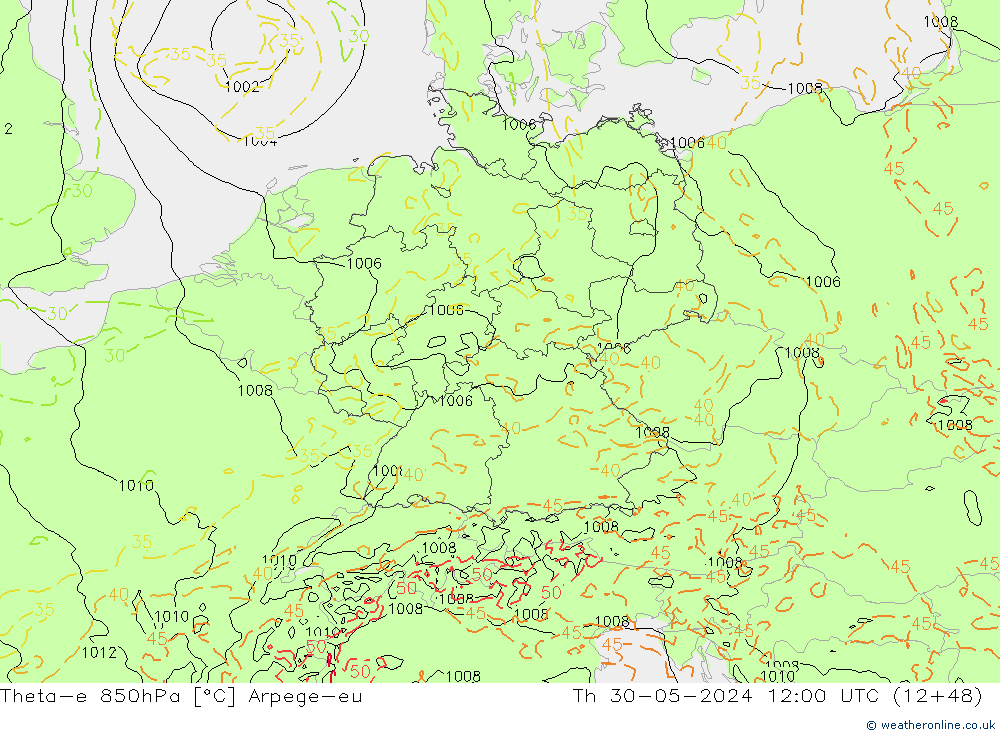 Theta-e 850hPa Arpege-eu czw. 30.05.2024 12 UTC