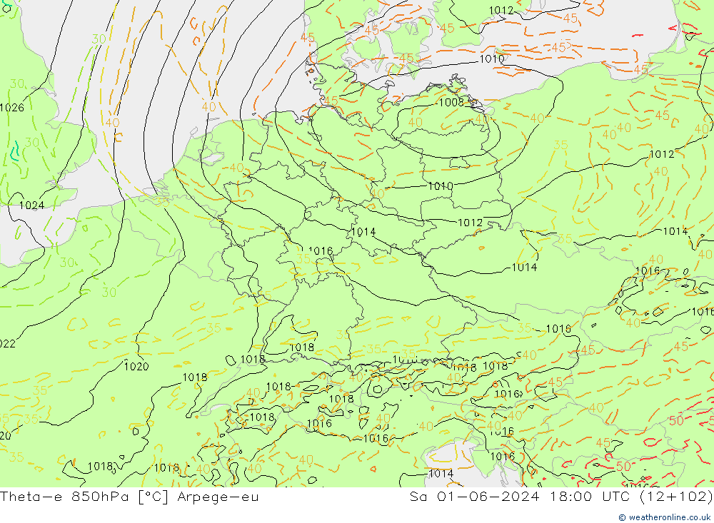 Theta-e 850hPa Arpege-eu sab 01.06.2024 18 UTC