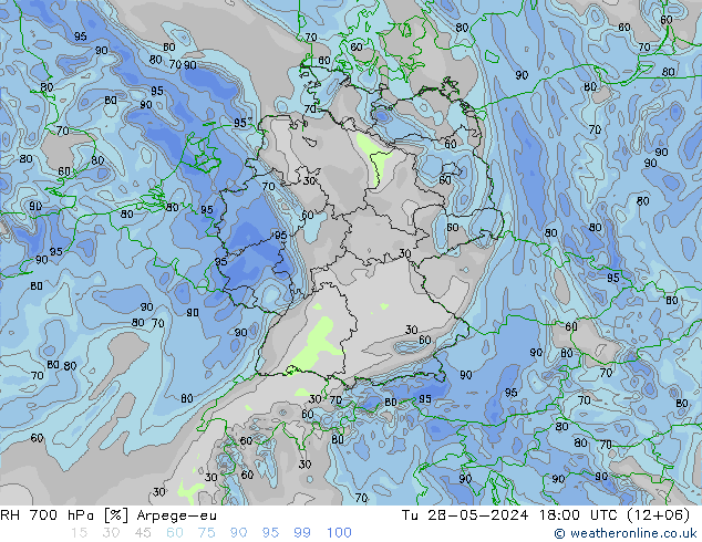 RH 700 hPa Arpege-eu Tu 28.05.2024 18 UTC