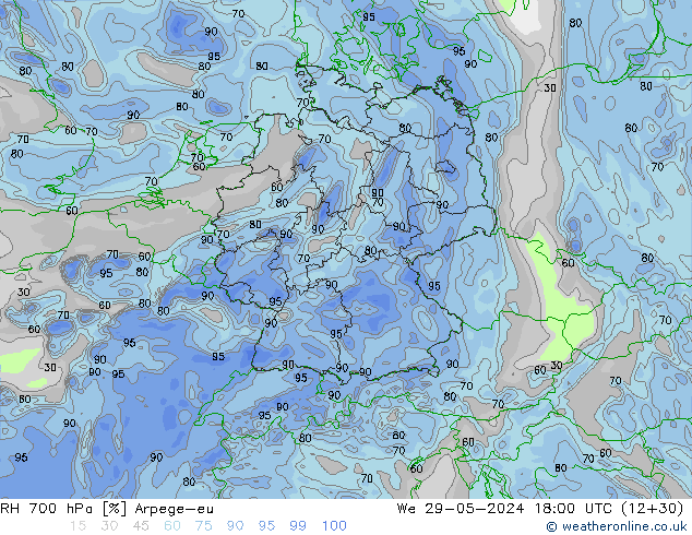 Humedad rel. 700hPa Arpege-eu mié 29.05.2024 18 UTC