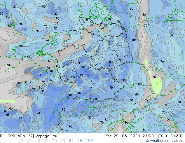 RH 700 hPa Arpege-eu mer 29.05.2024 21 UTC