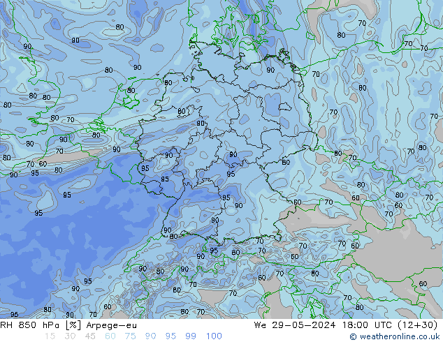 RH 850 hPa Arpege-eu We 29.05.2024 18 UTC