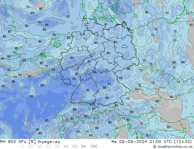 RH 850 hPa Arpege-eu Mi 29.05.2024 21 UTC