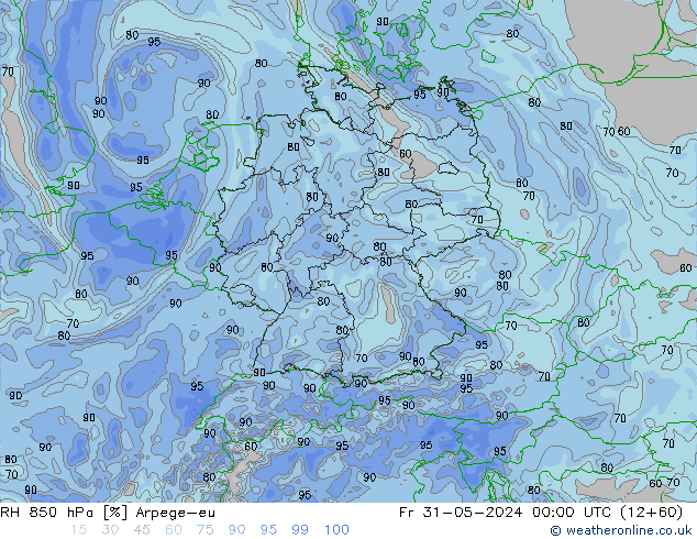 RH 850 гПа Arpege-eu пт 31.05.2024 00 UTC