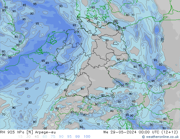 RH 925 hPa Arpege-eu Mi 29.05.2024 00 UTC