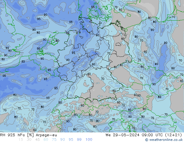 Humedad rel. 925hPa Arpege-eu mié 29.05.2024 09 UTC