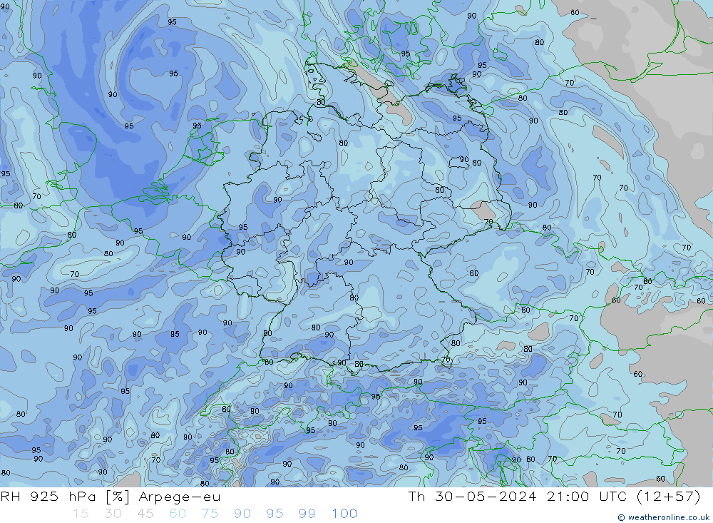 RH 925 hPa Arpege-eu Qui 30.05.2024 21 UTC