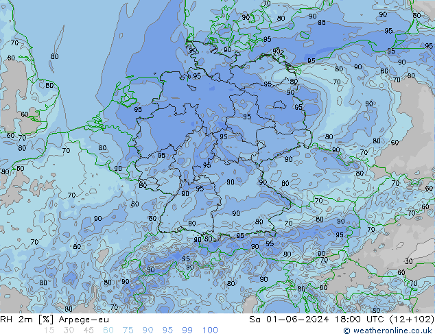 Humidité rel. 2m Arpege-eu sam 01.06.2024 18 UTC