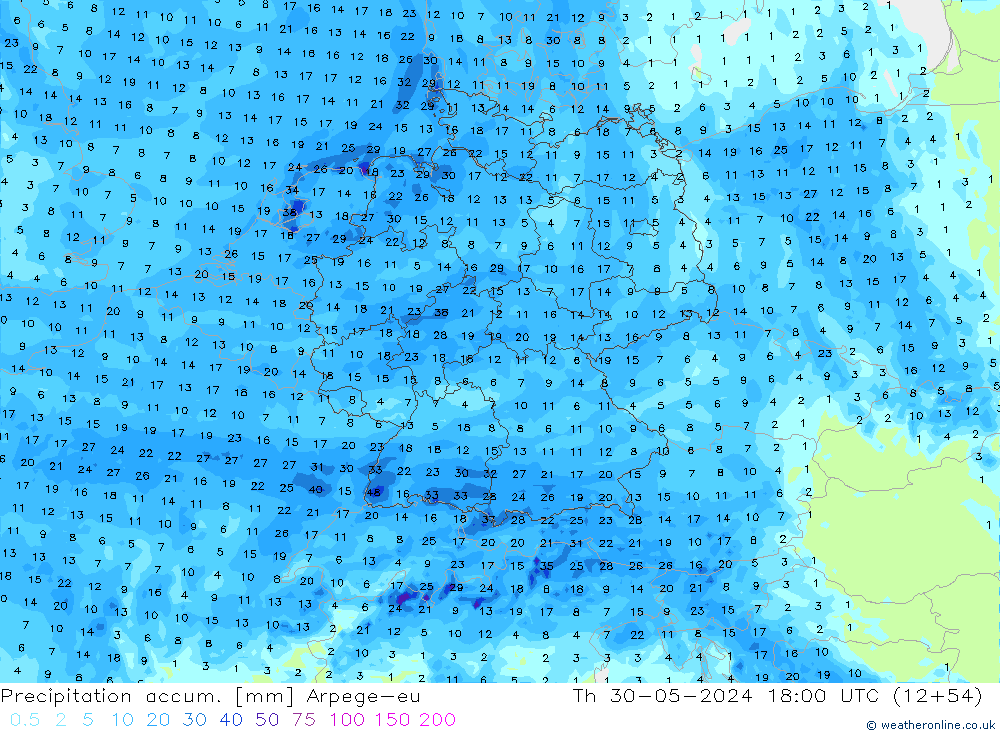 Précipitation accum. Arpege-eu jeu 30.05.2024 18 UTC