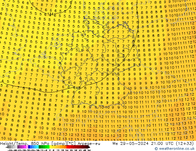 Geop./Temp. 850 hPa Arpege-eu mié 29.05.2024 21 UTC