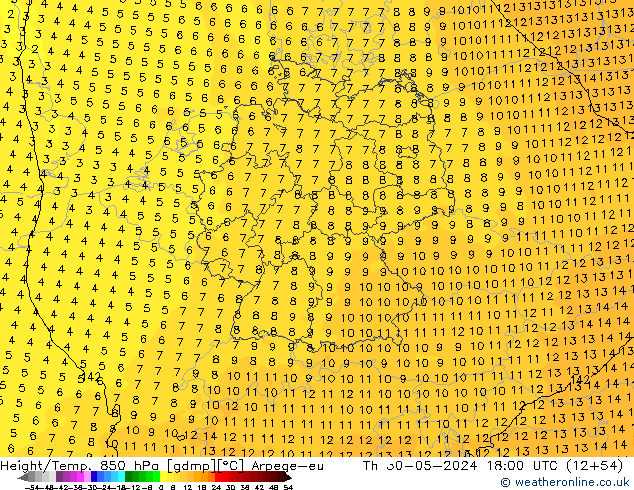 Hoogte/Temp. 850 hPa Arpege-eu do 30.05.2024 18 UTC