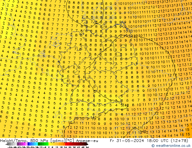 Height/Temp. 850 hPa Arpege-eu Sex 31.05.2024 18 UTC