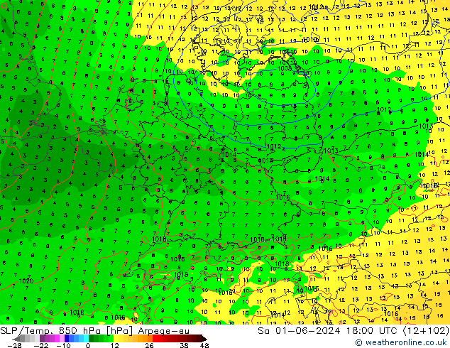 SLP/Temp. 850 hPa Arpege-eu Sa 01.06.2024 18 UTC