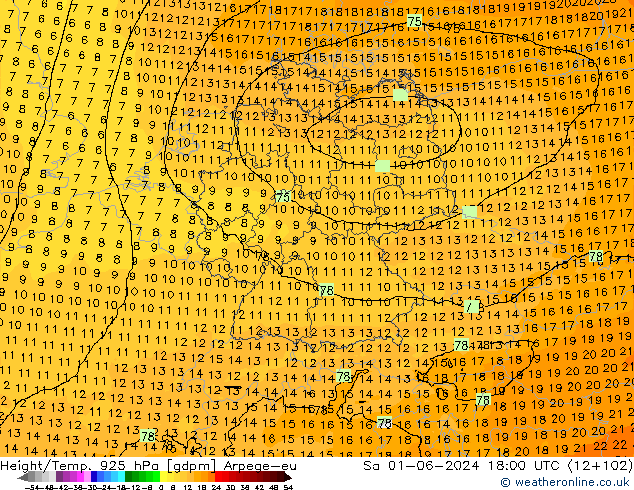 Geop./Temp. 925 hPa Arpege-eu sáb 01.06.2024 18 UTC