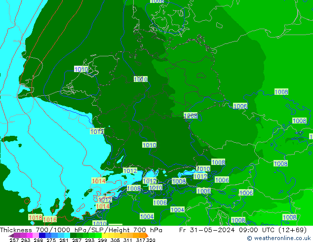 Espesor 700-1000 hPa Arpege-eu vie 31.05.2024 09 UTC