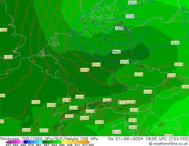 Thck 700-1000 hPa Arpege-eu so. 01.06.2024 18 UTC