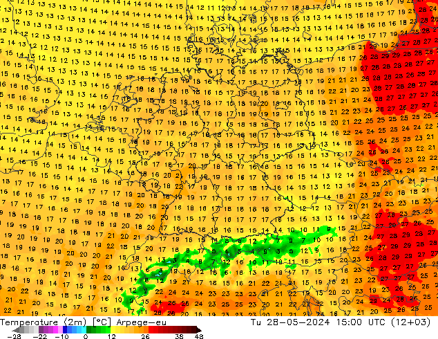 Temperature (2m) Arpege-eu Tu 28.05.2024 15 UTC