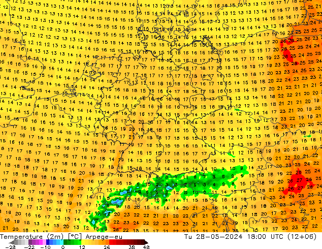 Sıcaklık Haritası (2m) Arpege-eu Sa 28.05.2024 18 UTC