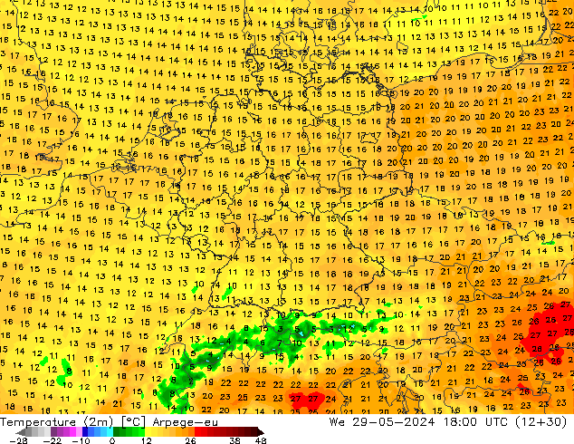 Temperatura (2m) Arpege-eu Qua 29.05.2024 18 UTC