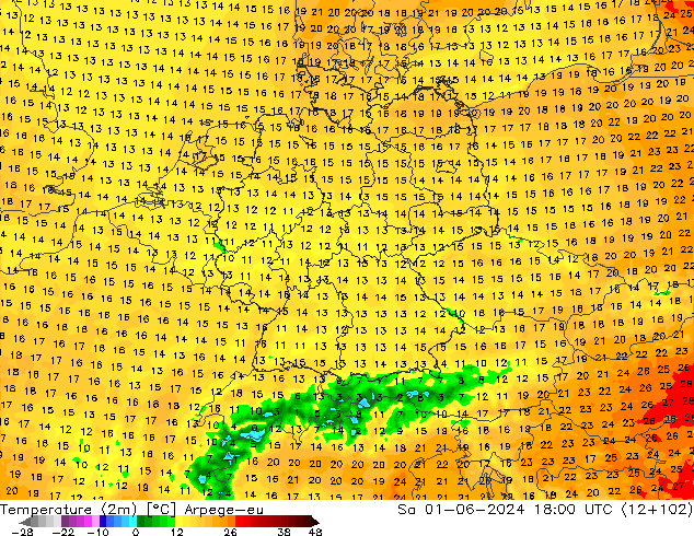 Temperatura (2m) Arpege-eu sáb 01.06.2024 18 UTC