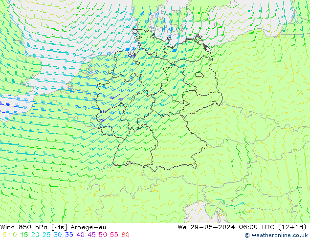 Wind 850 hPa Arpege-eu wo 29.05.2024 06 UTC