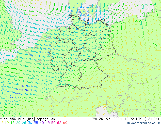 Wind 850 hPa Arpege-eu wo 29.05.2024 12 UTC