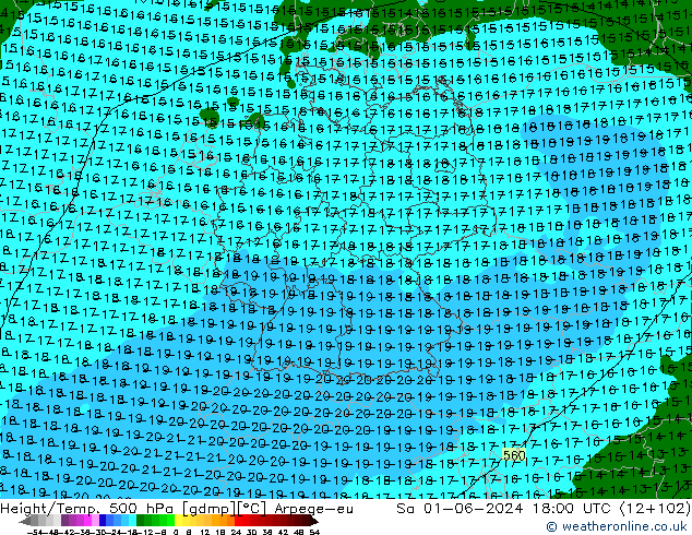 Height/Temp. 500 гПа Arpege-eu сб 01.06.2024 18 UTC