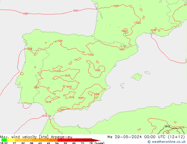 Max. wind velocity Arpege-eu Qua 29.05.2024 00 UTC