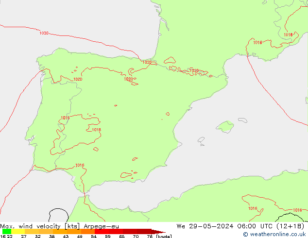 Max. wind velocity Arpege-eu We 29.05.2024 06 UTC