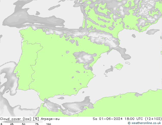 Cloud cover (low) Arpege-eu Sa 01.06.2024 18 UTC