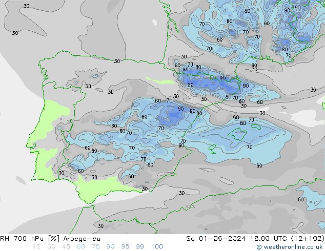 RH 700 hPa Arpege-eu so. 01.06.2024 18 UTC