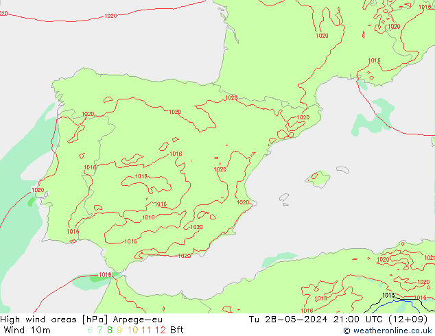 High wind areas Arpege-eu Tu 28.05.2024 21 UTC