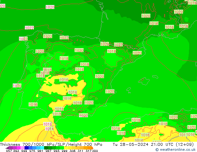 Thck 700-1000 hPa Arpege-eu Tu 28.05.2024 21 UTC