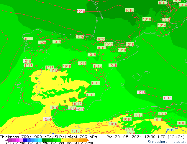 Thck 700-1000 гПа Arpege-eu ср 29.05.2024 12 UTC