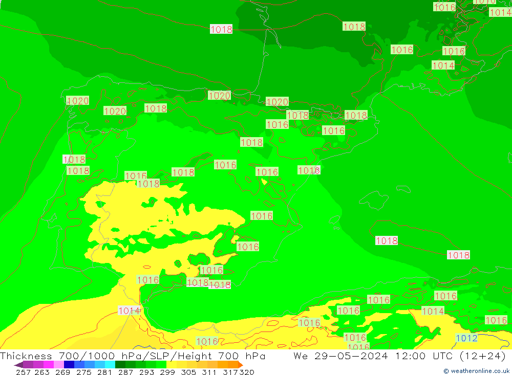 Thck 700-1000 hPa Arpege-eu We 29.05.2024 12 UTC