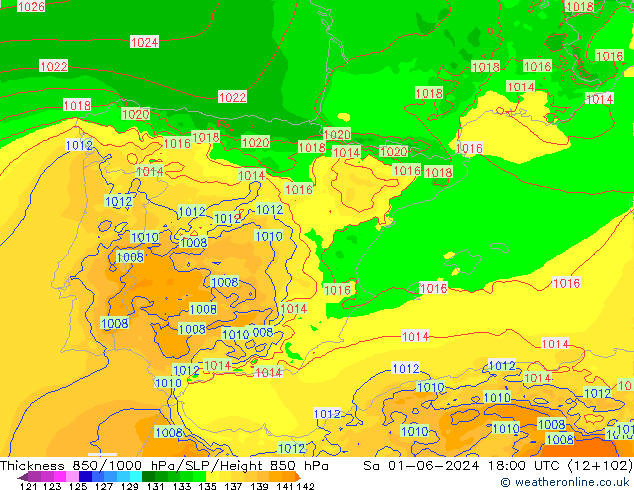 Thck 850-1000 hPa Arpege-eu so. 01.06.2024 18 UTC