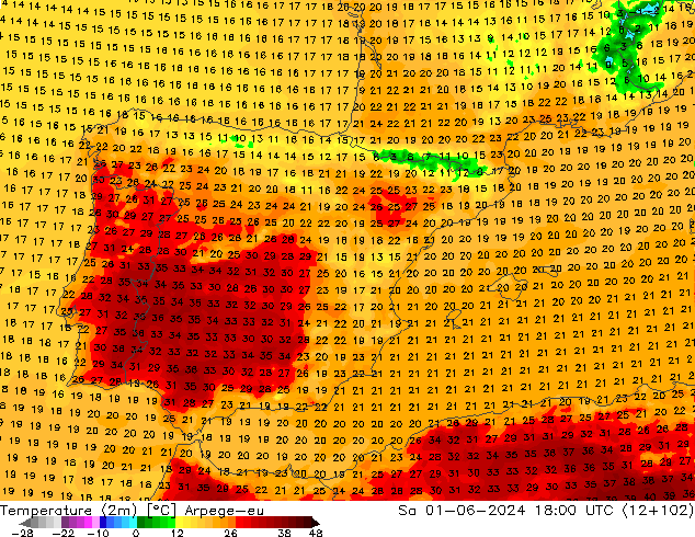 Temperaturkarte (2m) Arpege-eu Sa 01.06.2024 18 UTC