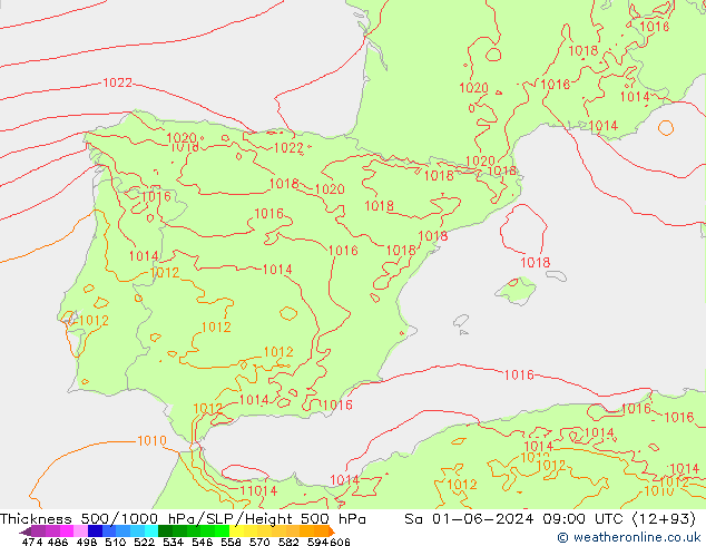 Schichtdicke 500-1000 hPa Arpege-eu Sa 01.06.2024 09 UTC