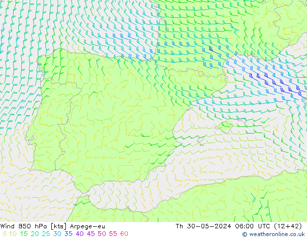 Viento 850 hPa Arpege-eu jue 30.05.2024 06 UTC