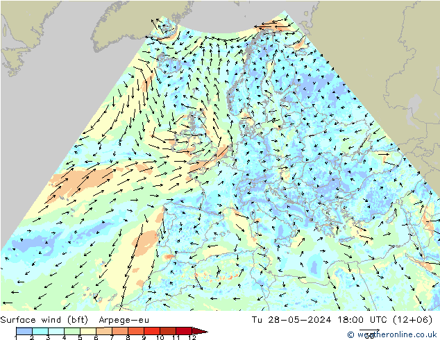 Viento 10 m (bft) Arpege-eu mar 28.05.2024 18 UTC