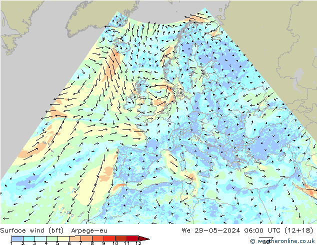 Viento 10 m (bft) Arpege-eu mié 29.05.2024 06 UTC