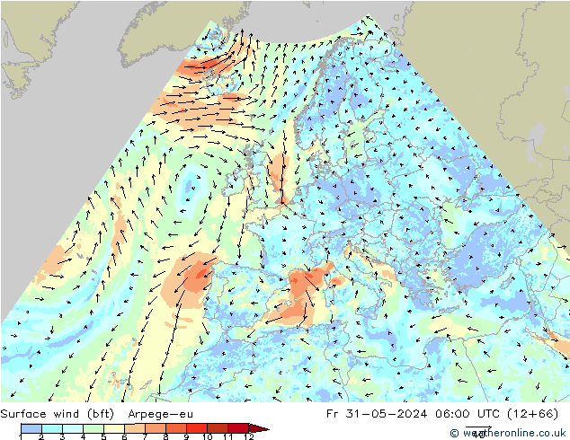 Bodenwind (bft) Arpege-eu Fr 31.05.2024 06 UTC