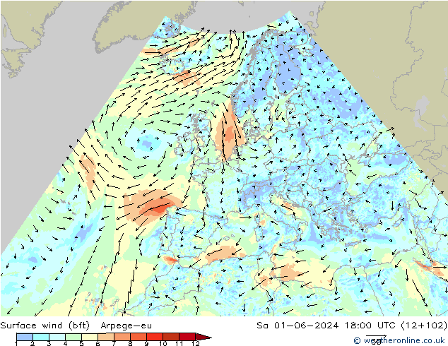 Surface wind (bft) Arpege-eu Sa 01.06.2024 18 UTC