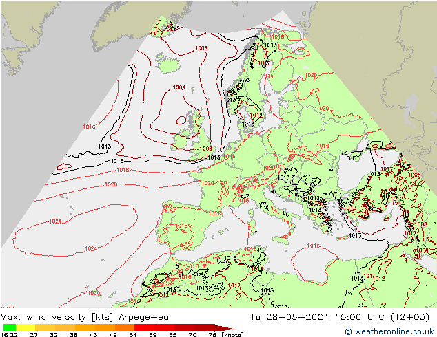 Max. wind velocity Arpege-eu Út 28.05.2024 15 UTC