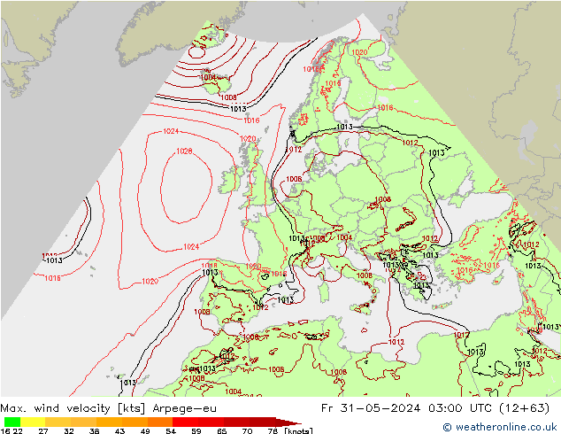 Max. wind snelheid Arpege-eu vr 31.05.2024 03 UTC