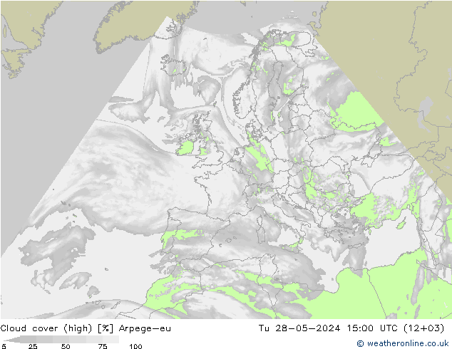 Cloud cover (high) Arpege-eu Tu 28.05.2024 15 UTC