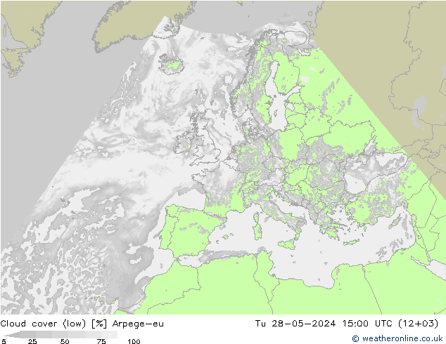 Cloud cover (low) Arpege-eu Tu 28.05.2024 15 UTC