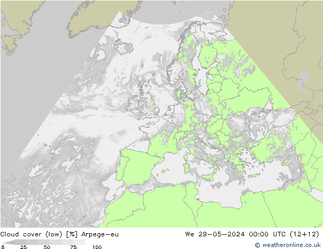 Cloud cover (low) Arpege-eu We 29.05.2024 00 UTC